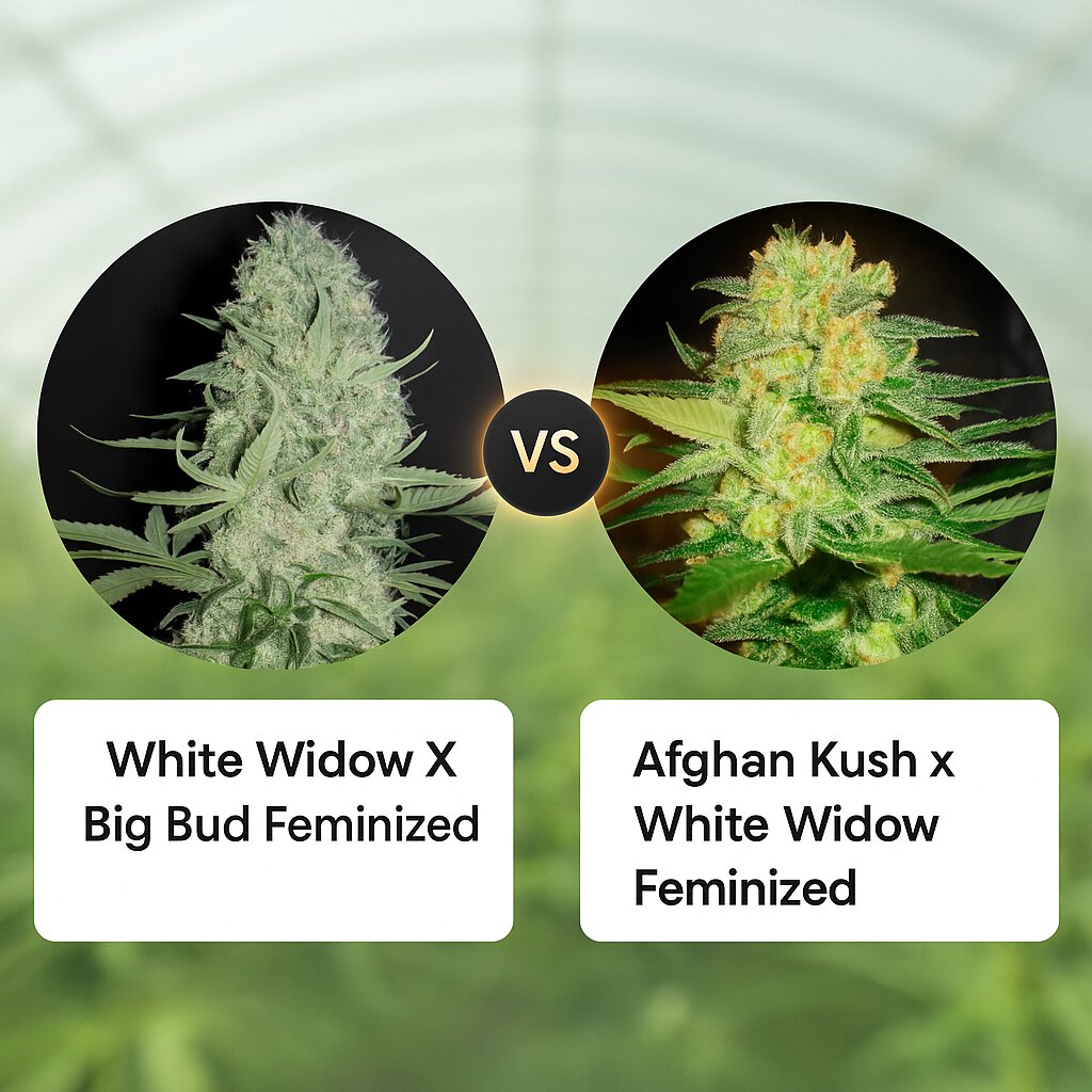 White Widow X Big Bud (Female Seeds) vs Afghan Kush x White Widow (World of Seeds) porównanie nasion konopi