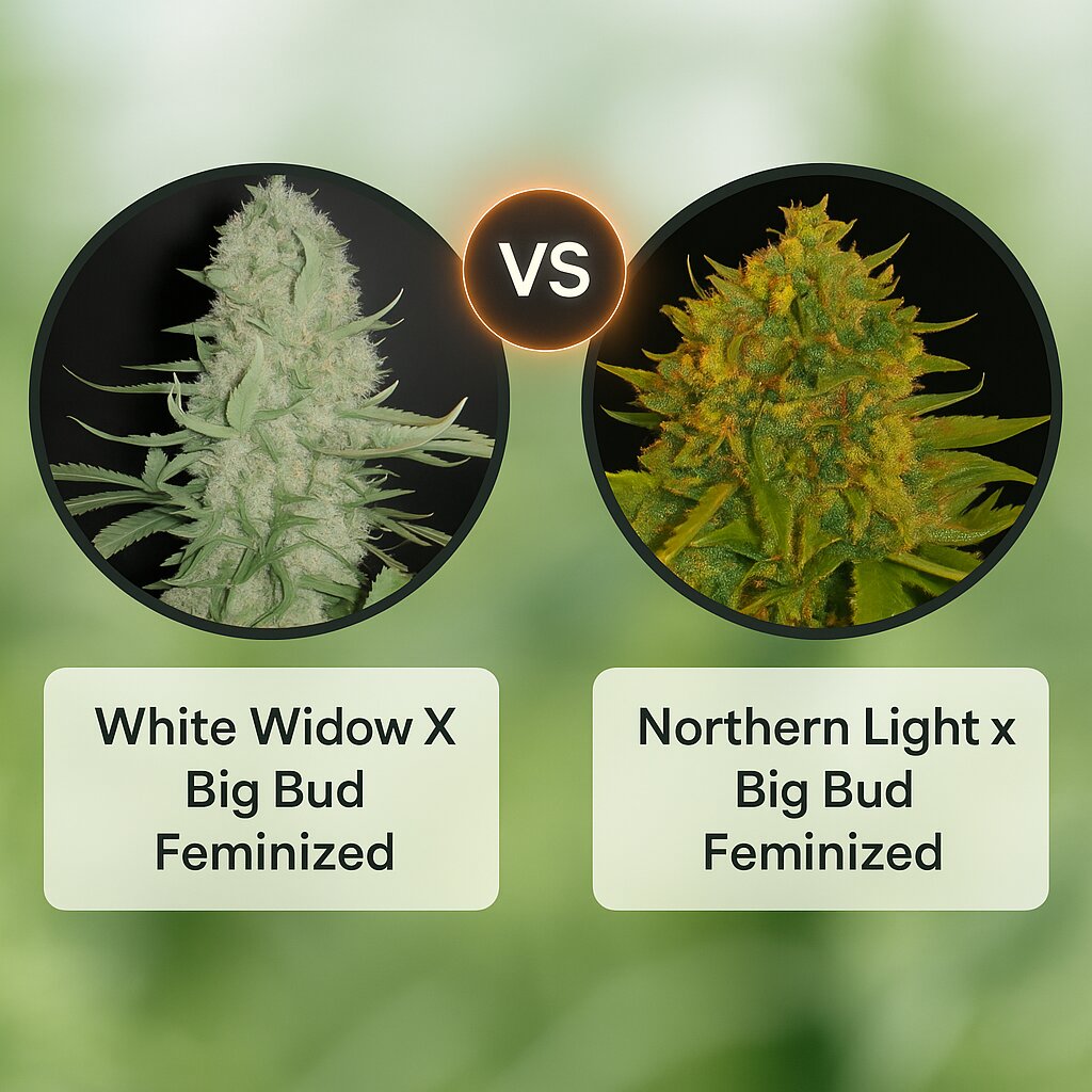 White Widow X Big Bud (Female Seeds) vs Northern Light x Big Bud (World of Seeds) porównanie nasion konopi