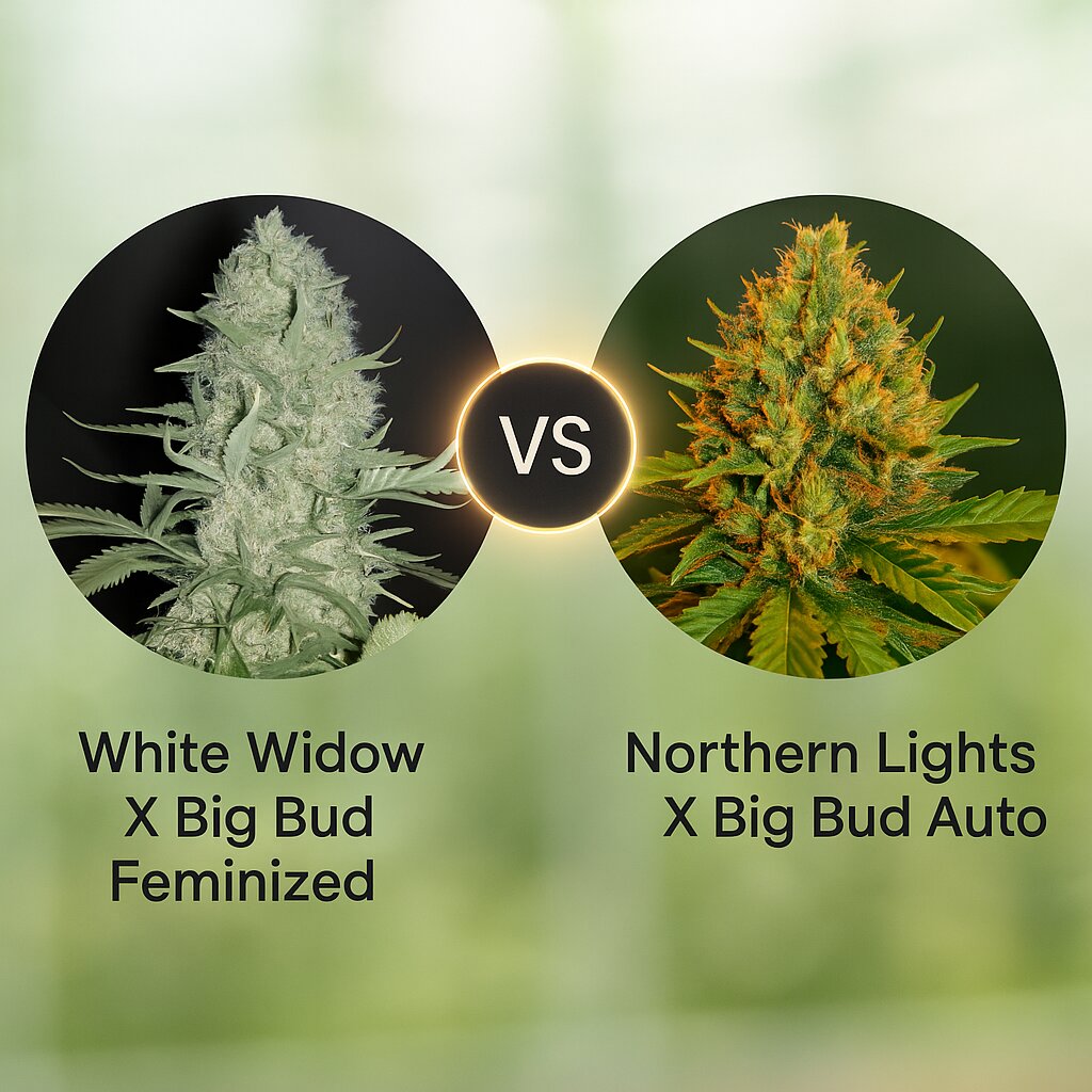 White Widow X Big Bud (Female Seeds) vs Northern Lights X Big Bud Auto (World of Seeds) porównanie nasion konopi